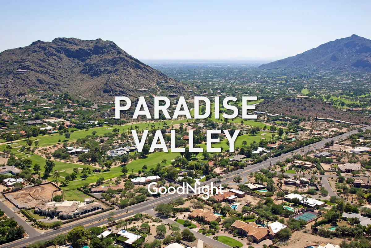 A panoramic view of Scottsdale’s lush green landscape, with mountains in the background and residential areas nestled among the greenery. The scene evokes a sense of outdoor adventure and the natural beauty that Scottsdale has to offer, ideal for hiking or walking with pets.